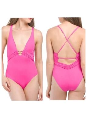 Trina Turk Monaco deep plunge NWOT Hot Pink One-Piece Swimsuit sz4